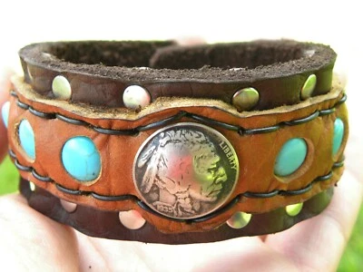 Authentic 1935 Buffalo Indian Nickel coin cuff bracelet Bison leather adjustable - Image 1 of 4