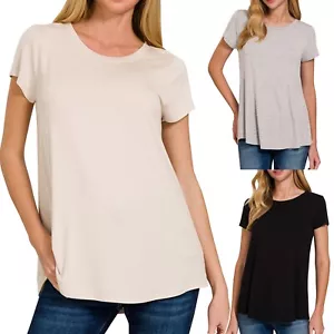 Women's Soft Rayon Crew Neck Top Relaxed Fit T-Shirt Blouse Tunic Flowing - Picture 1 of 12