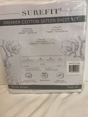 TWIN XL Surefit Premier Cotton Sateen Sheet Set, 230 TC White Stripe NEW SEALED - Image 1 of 4