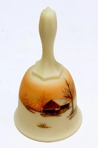 Fenton Bell Custard Satin Glass Hand Painted Cabin Woods Signed Gloria Finn 6.5" - Picture 1 of 4