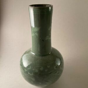 Vintage Studio Art Pottery BUD VASE OLIVE & GREEN Glazed Crane & Cloud Design 6”