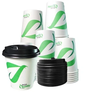 Tazas de café de papel blanco desechables biodegradables de 10 oz con tapas de cúpula negras 25 piezas - Imagen 1 de 9