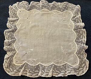 Antique Mint Large White Lace Lily-of-the-Valley Brides Wedding Handkerchief