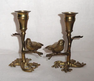Pair Vintage Mottahedeh Style Brass Candlestick Holders ~ Bird Perched on Limb - Picture 1 of 9