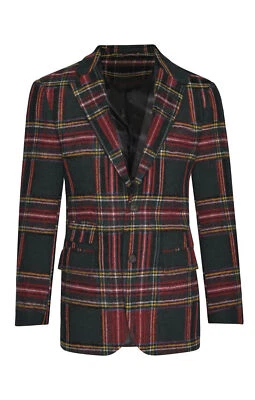 Men's Green Red Plaid Jacket Tweed Coat Single Breasted Blazers Xmas Party Wear - Image 1 of 4