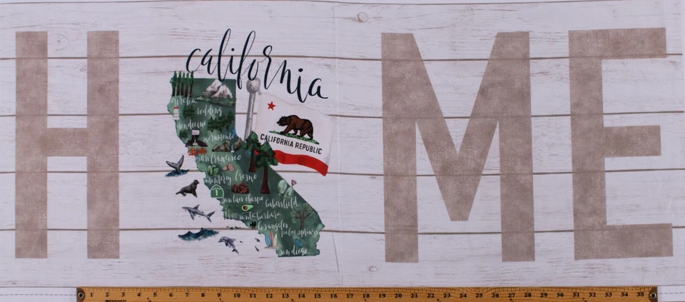 Panel 19" X 44" Mapa del Estado de la República de California Panel de tela de algodón de viaje D665.43 Foto 1 de 1