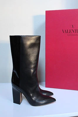 5.5 / 35.5 Valentino Negro Cuero y Charol Punta Punta Botas Altas Zapatos Foto 1 de 4