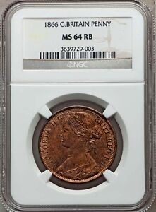 GREAT BRITAIN VICTORIA 1866 PENNY, CHOICE UNCIRCULATED, CERTIFIED NGC MS64-RB