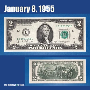 January 8, 1955 Birthday Anniversary $2 Two Dollar Bill Serial Number 01081955 - Picture 1 of 2