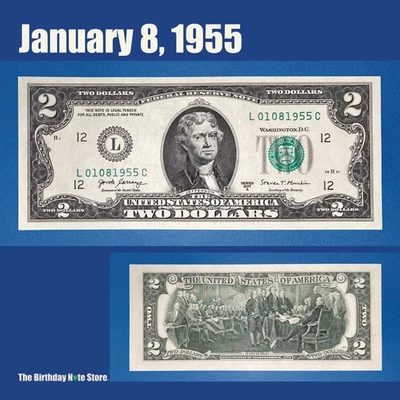 January 8, 1955 Birthday Anniversary $2 Two Dollar Bill Serial Number 01081955 - Image 1 of 2