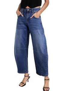 Women's Barrel Jeans Wide Leg Vintage Mid Rise Y2k Baggy Boyfriend Denim Pant... - Picture 1 of 9