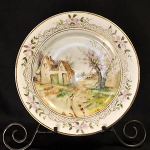 Limoges Haviland & Co Plate 9 3/8" HP Country Scene Brown Pink w/Gold 1888-1896 - Picture 1 of 11