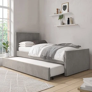 Single Bed Grey Velvet Contemporary Modern Style with Trundle Bed - Picture 1 of 6