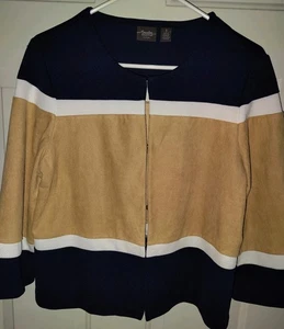 CHICO’S TRAVELERS COLLECTION SIZE (1) M Tan,White,blue FAUX SUEDE JACKET - Picture 1 of 6