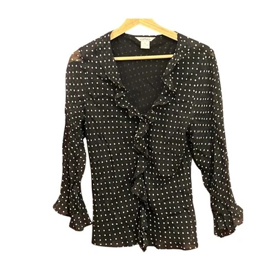 Blusa de seda tímida Y2K con volantes delanteros negra blanca a lunares manga larga fiesta top Foto 1 de 4