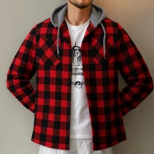 Men Classical Plaids Pattern Button Down Shirt Jacket Drawstring Hoodie Cardigan - Picture 1 of 50
