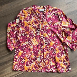 Breckinridge Women’s Button Up Cotton Tunic Blouse XL Pink Orange Graphic Print - Picture 1 of 14