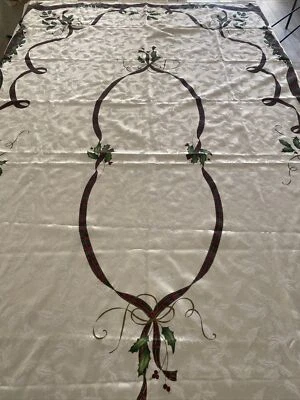 LENOX Holiday Nouveau Tablecloth Christmas Ivory Cream Green Red 58"x102" - Image 1 of 4