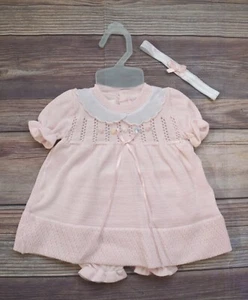 NWT Boutique Pink 3pc Ribbon Knit Dress Newborn 0 Baby Girls & Bloomers - Picture 1 of 3