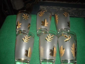 6 mid century frosted gold leaf pattern drinking glasses pre owned - Picture 1 of 5