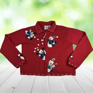 TIARA Embroidered Christmas Cardigan Sweater Girls 12 14 Red Beaded Snowmen Zip - Picture 1 of 11