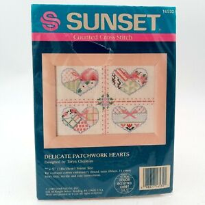 Delicate Patchwork Hearts Counted Cross Stitch Sunset 1989 New Old Stock