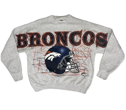 Vintage Denver Broncos Mens XL Pullover Sweater Allover Print Big Spellout Top Cover