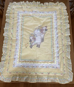 VTG handmade Yellow Lambs ducks Baby Crib Quilt Blanket Ribbon Ruffle Flowers - Picture 1 of 10