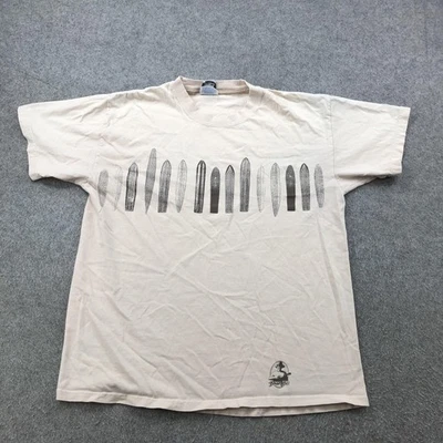 Camisa de surf masculina vintage bege grande dupla face gráfica algodão pranchas de surf - Imagem 1 de 4