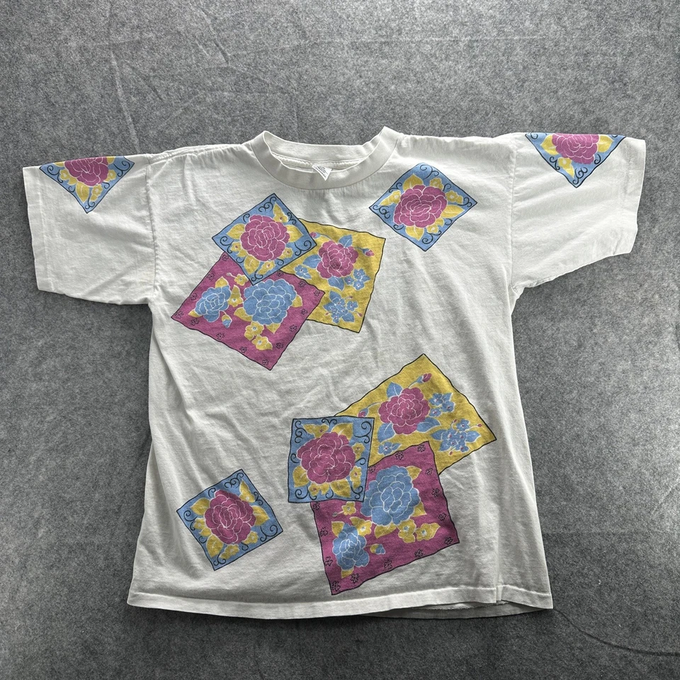 Camisa Danskin Vintage Mujer Pequeña Blanca Floral Gráfica Camiseta Hecha EE. UU. Algodón Años 90 Foto 1 de 4