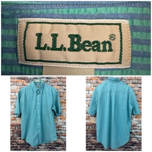 Vintage L.L. Bean Made in USA Seersucker Blue Short Sleeve Shirt Large Regular - Picture 1 of 10