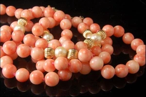 COLLAR BROCHE CUENTAS ORO 14K PERLA CORAL ROSA PIEL ÁNGEL VINTAGE 34" LARGO. - Imagen 1 de 5