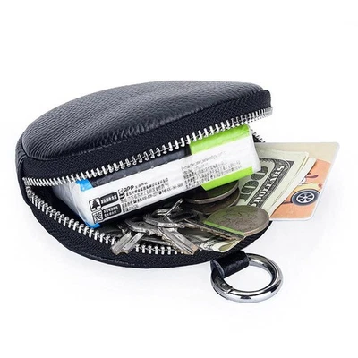 Genuine Leather Round Coin Purse Money Change Pouch Small Wallet Earphone Bag