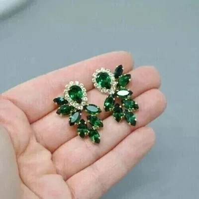 14K Yellow Gold Plated 2Ct Pear Lab-Created Emerald Pretty Drop Dangle Earrings - Image 1 of 4