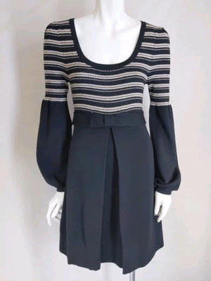 Vestido NANETTE LEPORE S 100 % Lana Merino Rayas Negro/Lazo Cuello Redondo Foto 1 de 4