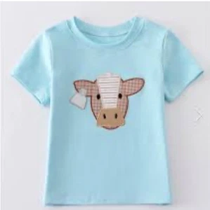 Boy's Size 7 T-Shirt Cow Applique Blue Soft New Boutique SPRING - Picture 1 of 1