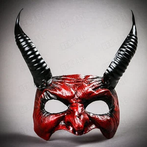 Bloody Red Goblin Devil Black Long Horn Halloween Masquerade Party Eye Mask - Picture 1 of 6