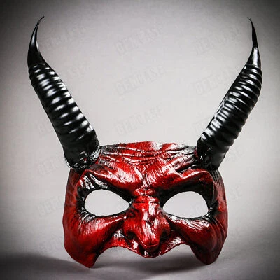 Bloody Red Goblin Devil Black Long Horn Halloween Masquerade Party Eye Mask - Image 1 of 4