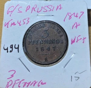 1847 A German States PRUSSIA 3 Pfennig KM# 453, VF+ condition. Coin #494 - Picture 1 of 2