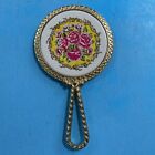 Vintage Hand Mirror Floral Roses w solid Brass Tone Handle 4.5” Japan with box