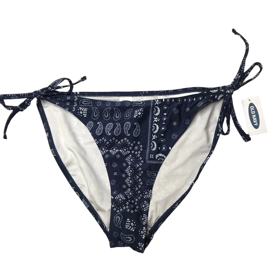 Nuevo Nuevo Con Etiquetas Antiguo Azul Marino Blanco Paisley Bikini Parte Inferior Traje de Baño Corbata Lateral Talla Mediana Foto 1 de 4