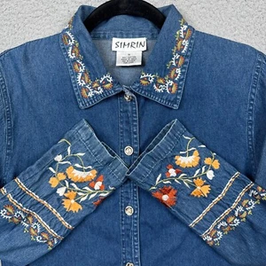 VTG Boho Top Womens Medium Blue Denim Western Hippie Festival Floral Button Up - Picture 1 of 10