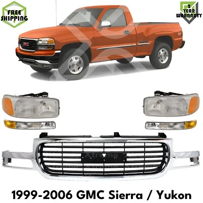 Front Grille Assembly Chrome & Headlight For 1999-02 GMC Sierra / 2000-06 Yukon - Image 1 of 4