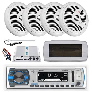 Pyle Bluetooth Marine Radio, Cover, Antenna,Amp w/Kit, 4x 8'' 180W White Speaker - Picture 1 of 7