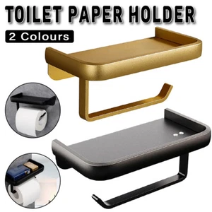 Wall Mounted Aluminum Toilet Paper Holder Non-perforated Tissue Cell Phone Shelf - Picture 1 of 18