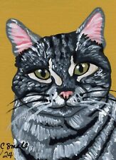 ACEO ATC Original Painting Gray Tabby Cat Pet Art-C. Smale