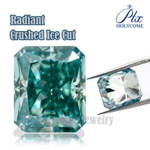 Aqua Blue VVS1 Moissanite Radiant Crushed Ice Cut Loose Gemstone W. Certificate - Picture 1 of 19