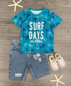 BOYS NWOT "SURF DAYS" DISTRESSED DENIM SHORT SET - SZ. 4/5 - Picture 1 of 1