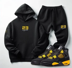 Men Black Sweatsuit Hoodie Joggers 23 Legend Tracksuit To Match Jordan 4 Thunder - Picture 1 of 5