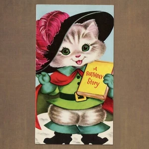 Unused Vintage 1950s KIDS BIRTHDAY Color Activity Card, Puss in Boots Story Book - Picture 1 of 6